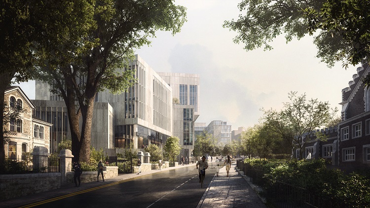 An artists representation of the planned New University Library. A leafy green street with people walking, in the background is a large building made up of white cubes with lots of windows.